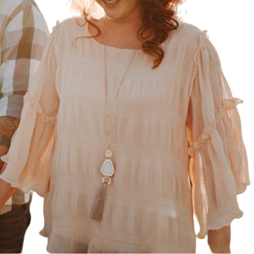 NWT Umgee Pleated Ruffled Tiered Bell Sleeve Top Chiffon Flowy Champagne Pink S